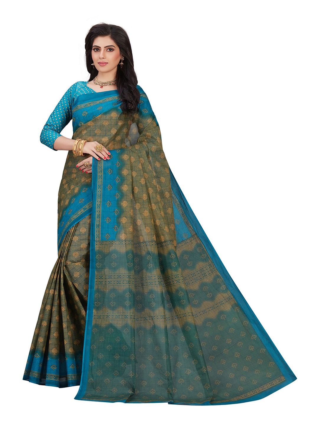 

SHANVIKA Mustard & Blue Ethnic Motifs Pure Cotton Block Print Saree
