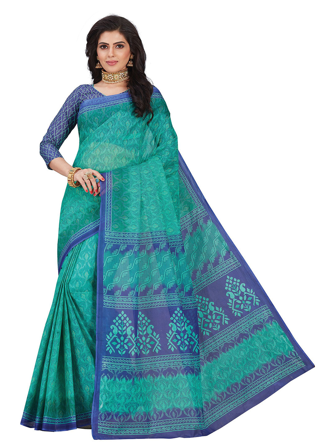 

SHANVIKA Green Ethnic Motifs Pure Cotton Block Print Saree