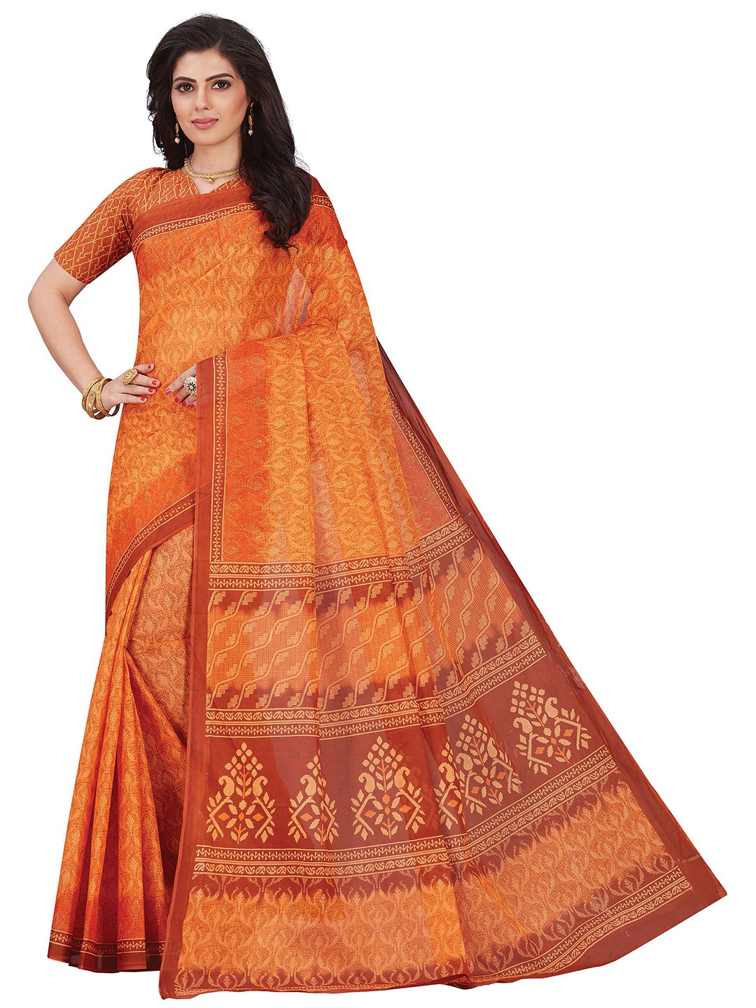 

SHANVIKA Mustard & Orange Ethnic Motifs Pure Cotton Block Print Saree