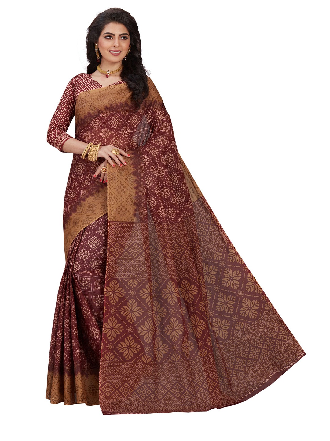 

SHANVIKA Mustard & Maroon Checked Pure Cotton Block Print Saree