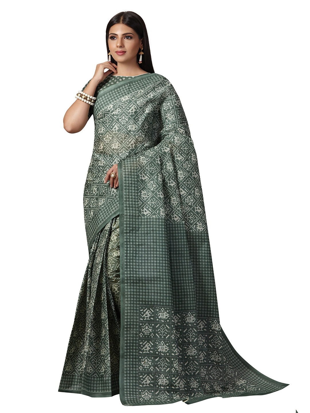 

SHANVIKA Mustard Ethnic Motifs Patola Printed Pure Cotton Saree, Green