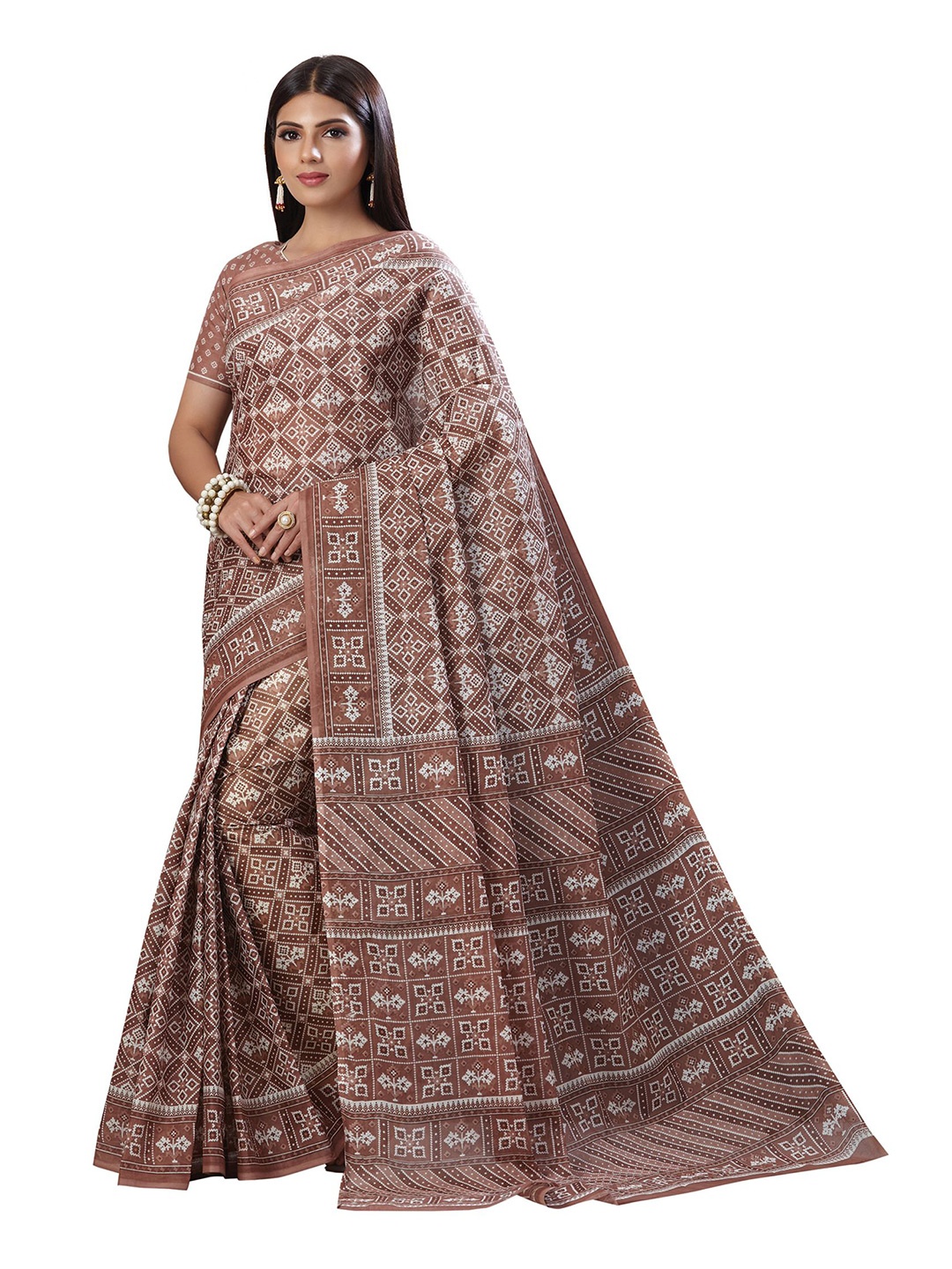 

SHANVIKA Taupe Pure Cotton Block Print Saree