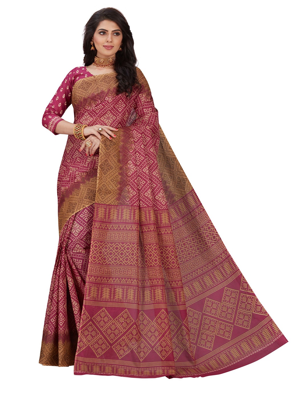 

SHANVIKA Purple & Mustard Ethnic Motifs Pure Cotton Block Print Saree