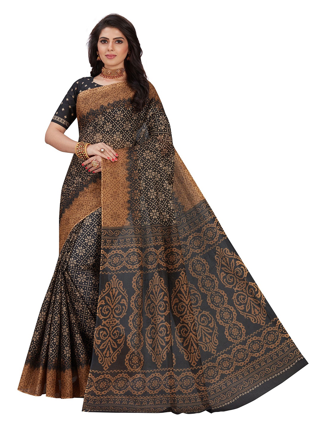 

SHANVIKA Mustard & Black Floral Pure Cotton Block Print Saree