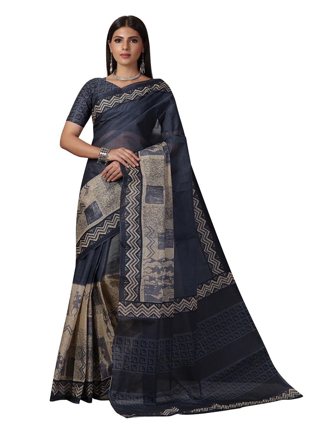 

SHANVIKA Navy Blue & Cream-Coloured Batik Pure Cotton Block Print Saree