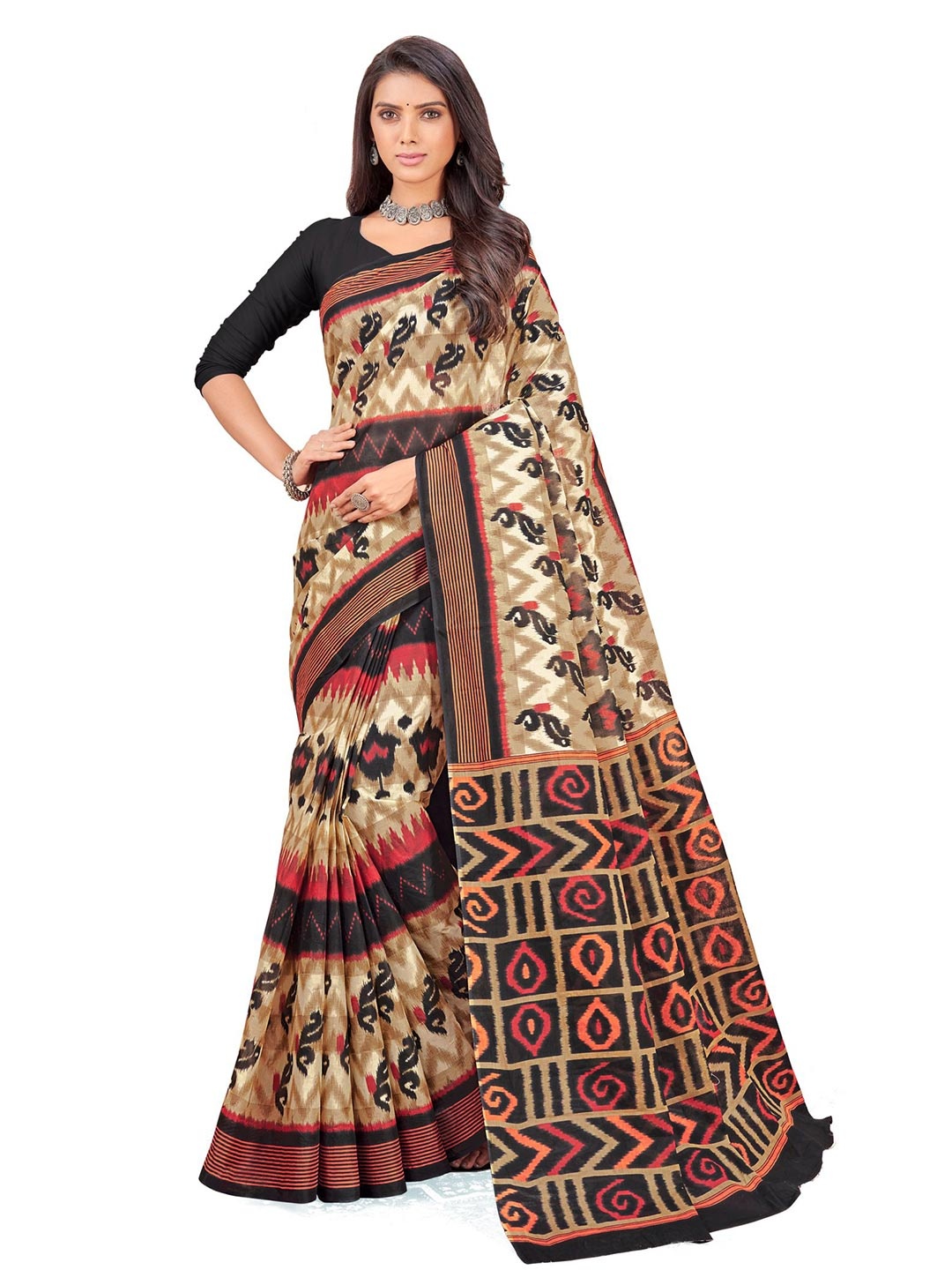 

SHANVIKA Beige & Black Ethnic Motifs Pure Cotton Block Print Saree