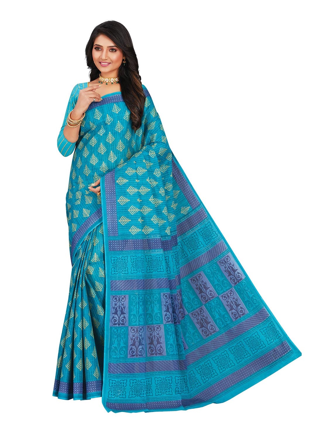 

SHANVIKA Mustard & Blue Bagh Pure Cotton Block Print Saree