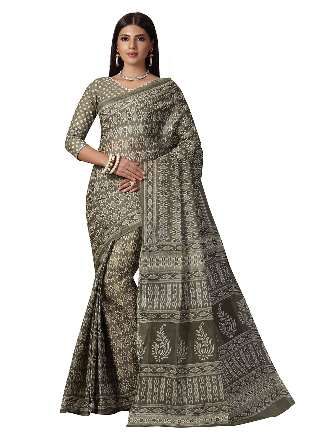 

SHANVIKA Olive Green Ethnic Motifs Pure Cotton Block Print Saree