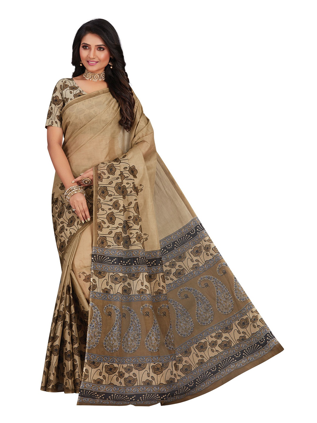 

SHANVIKA Beige Floral Pure Cotton Block Print Saree