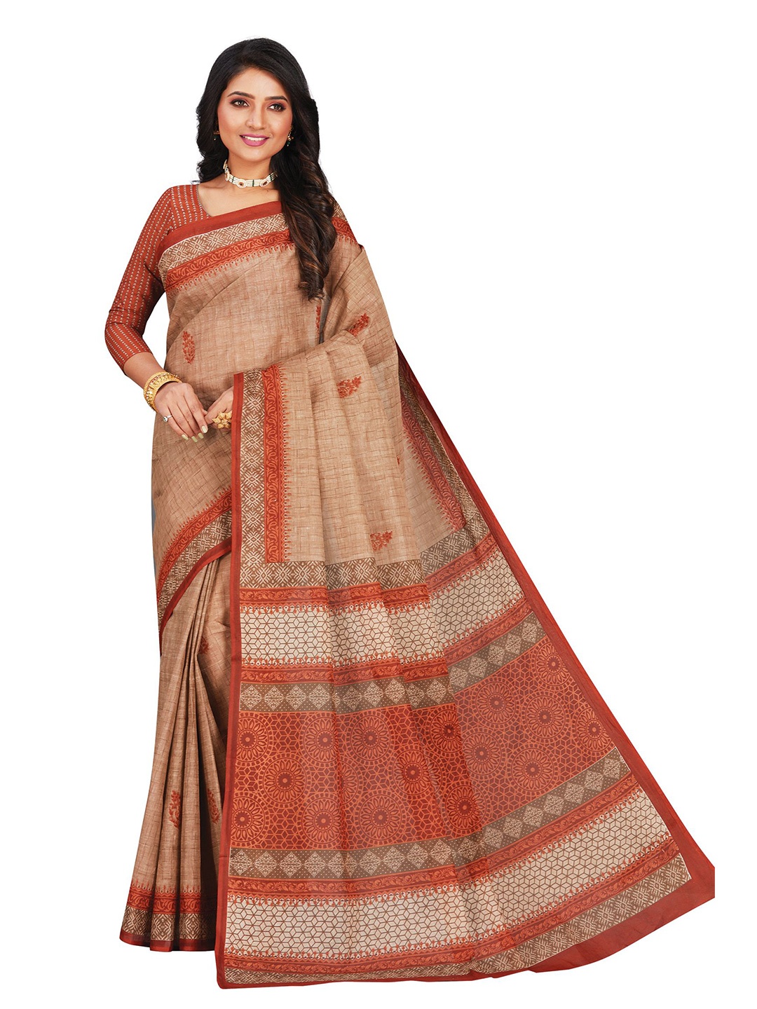 

SHANVIKA Brown & Rust Brown Floral Pure Cotton Block Print Saree