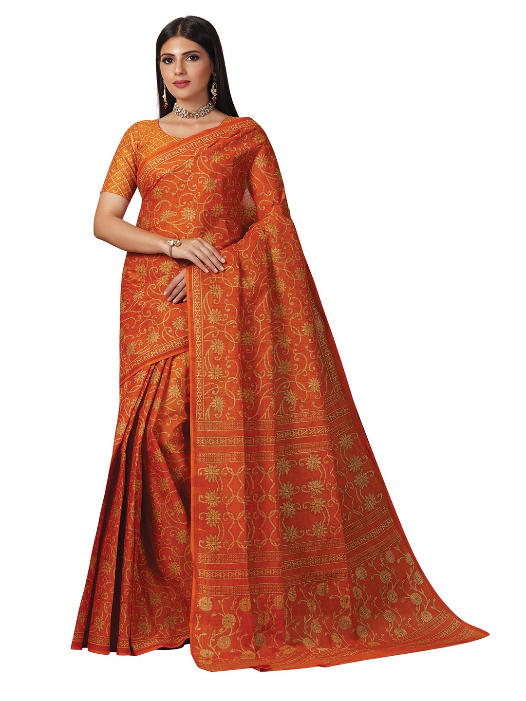 

SHANVIKA Mustard & Orange Floral Pure Cotton Block Print Saree