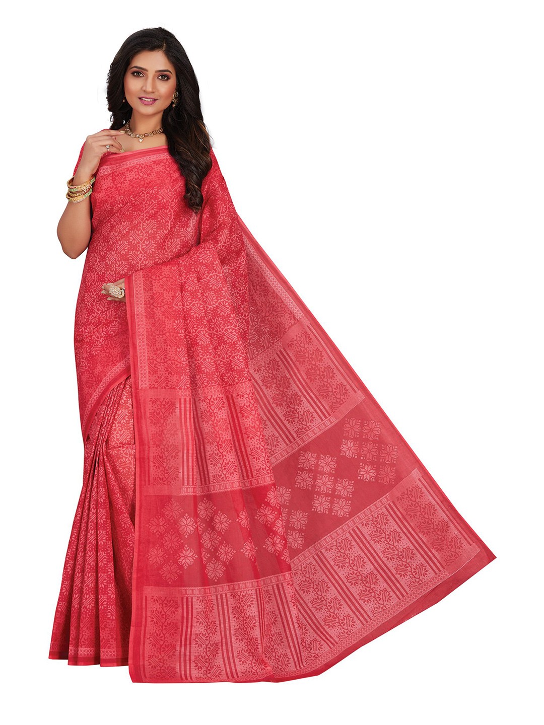 

SHANVIKA Pink Ethnic Motifs Pure Cotton Block Print Saree