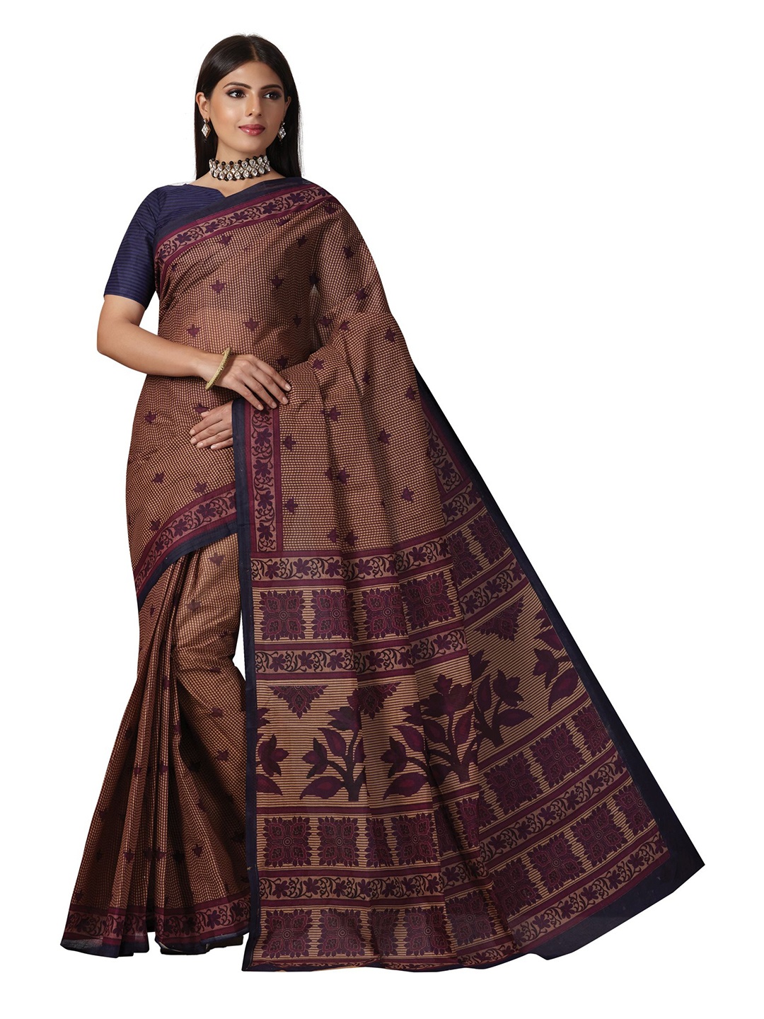 

SHANVIKA Brown & Purple Checked Pure Cotton Block Print Saree