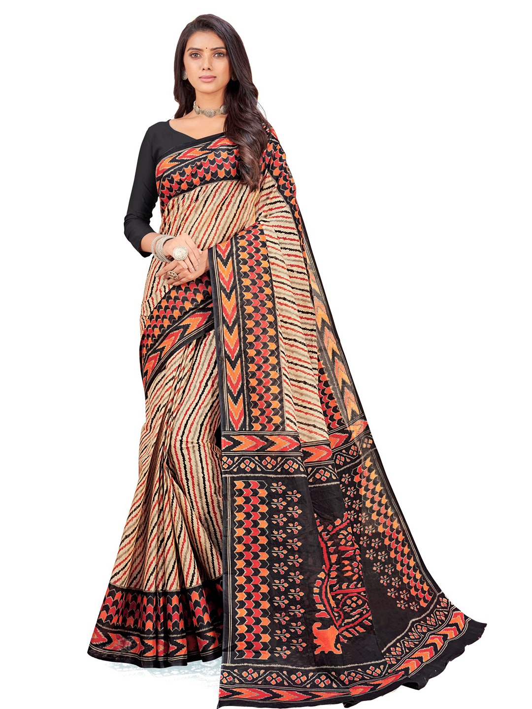 

SHANVIKA Beige & Orange Leheriya Pure Cotton Ikat Print Saree