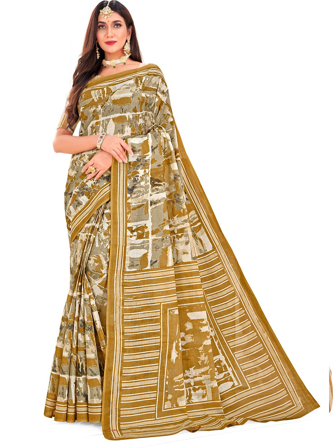 

SHANVIKA Mustard & Off White Pure Cotton Block Print Saree