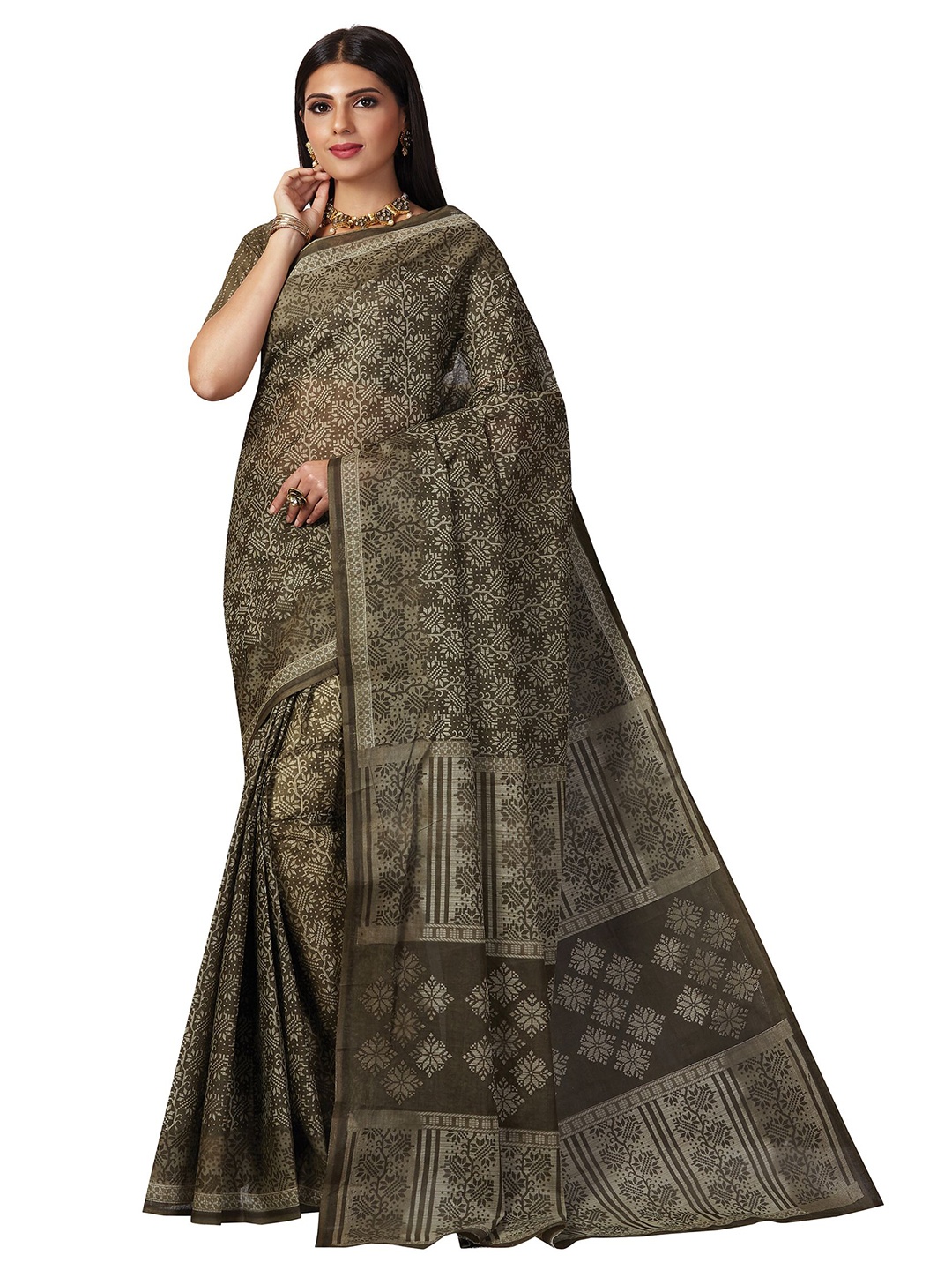 

SHANVIKA Green & Grey Pure Cotton Block Print Saree