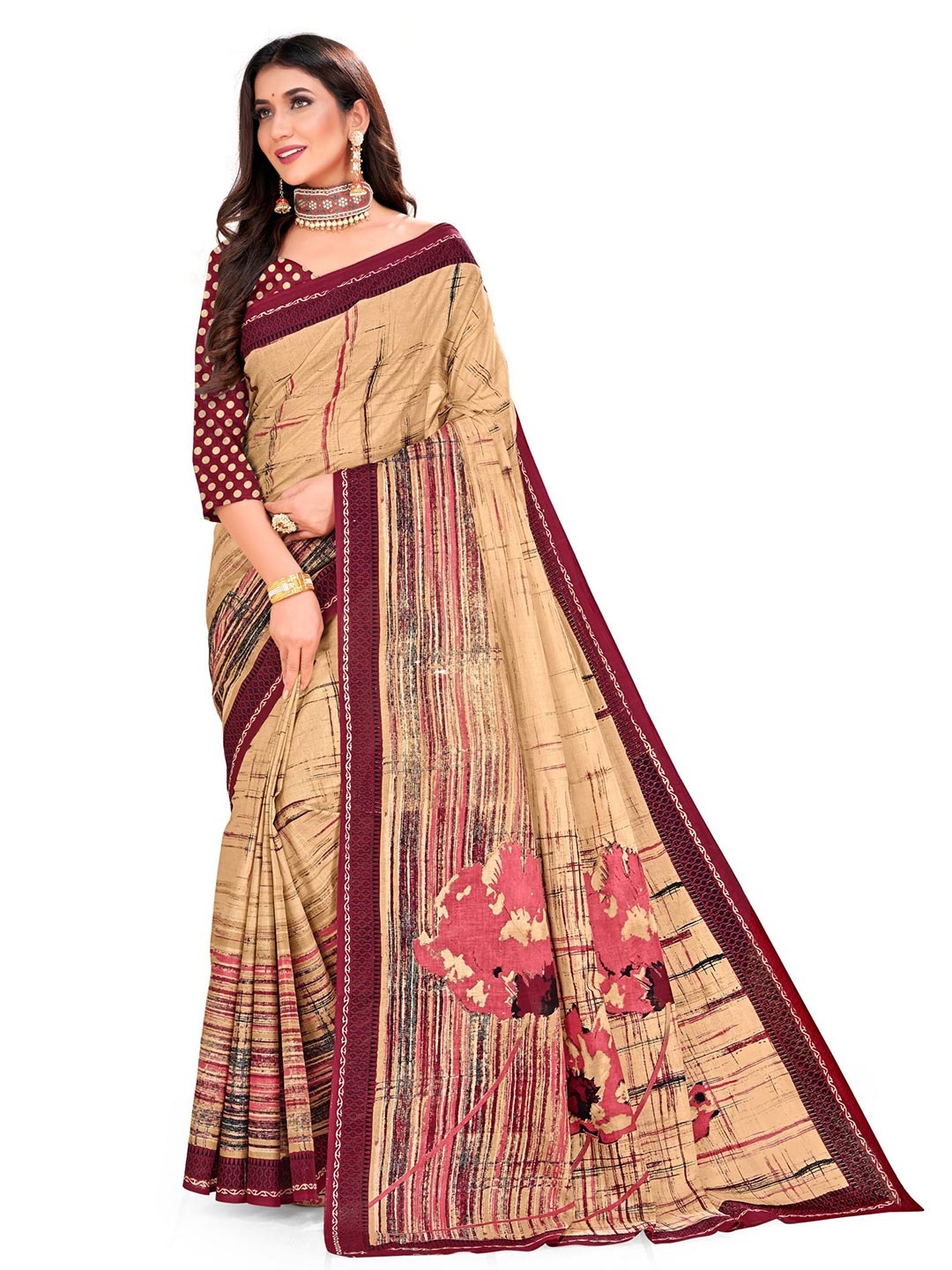 

SHANVIKA Maroon & Beige Floral Pure Cotton Block Print Saree