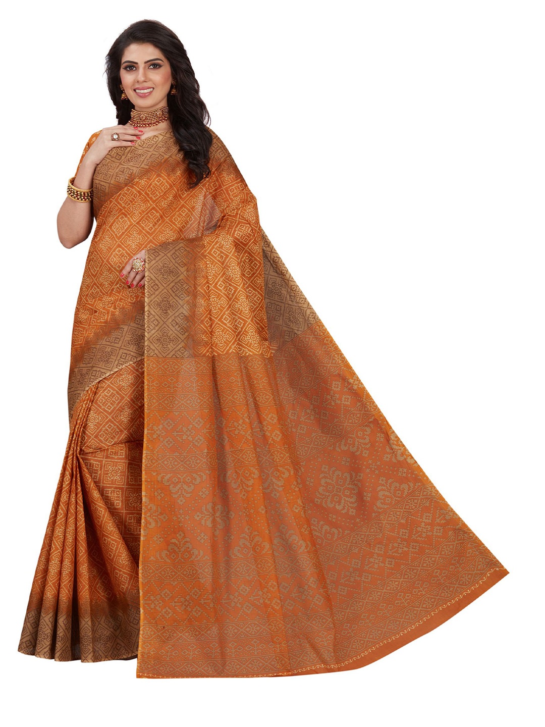

SHANVIKA Mustard & Rust Ethnic Motifs Pure Cotton Ikat Print Saree