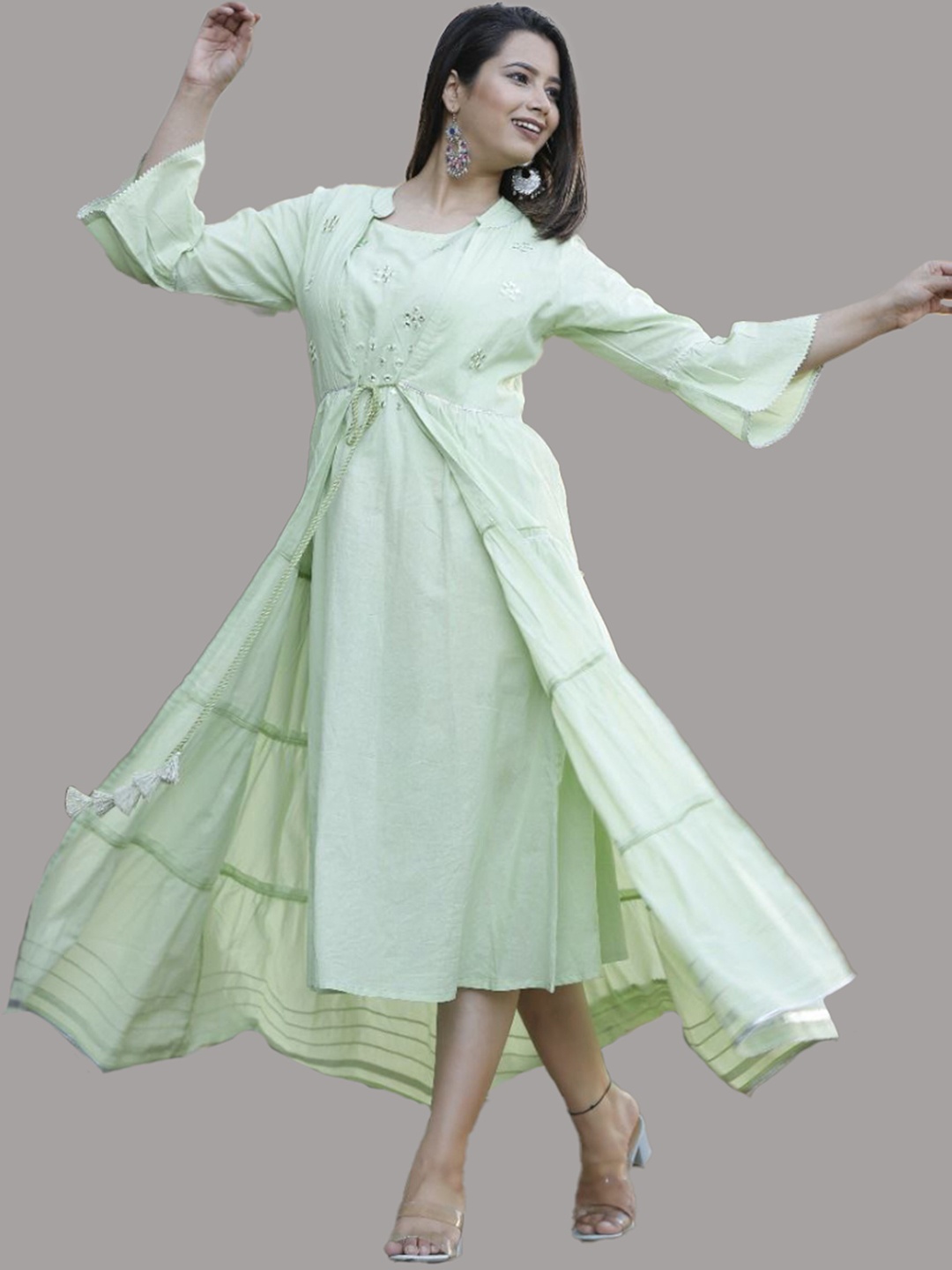 

KALINI Women Green Flared Sleeves Gotta Patti Floral Anarkali Kurta