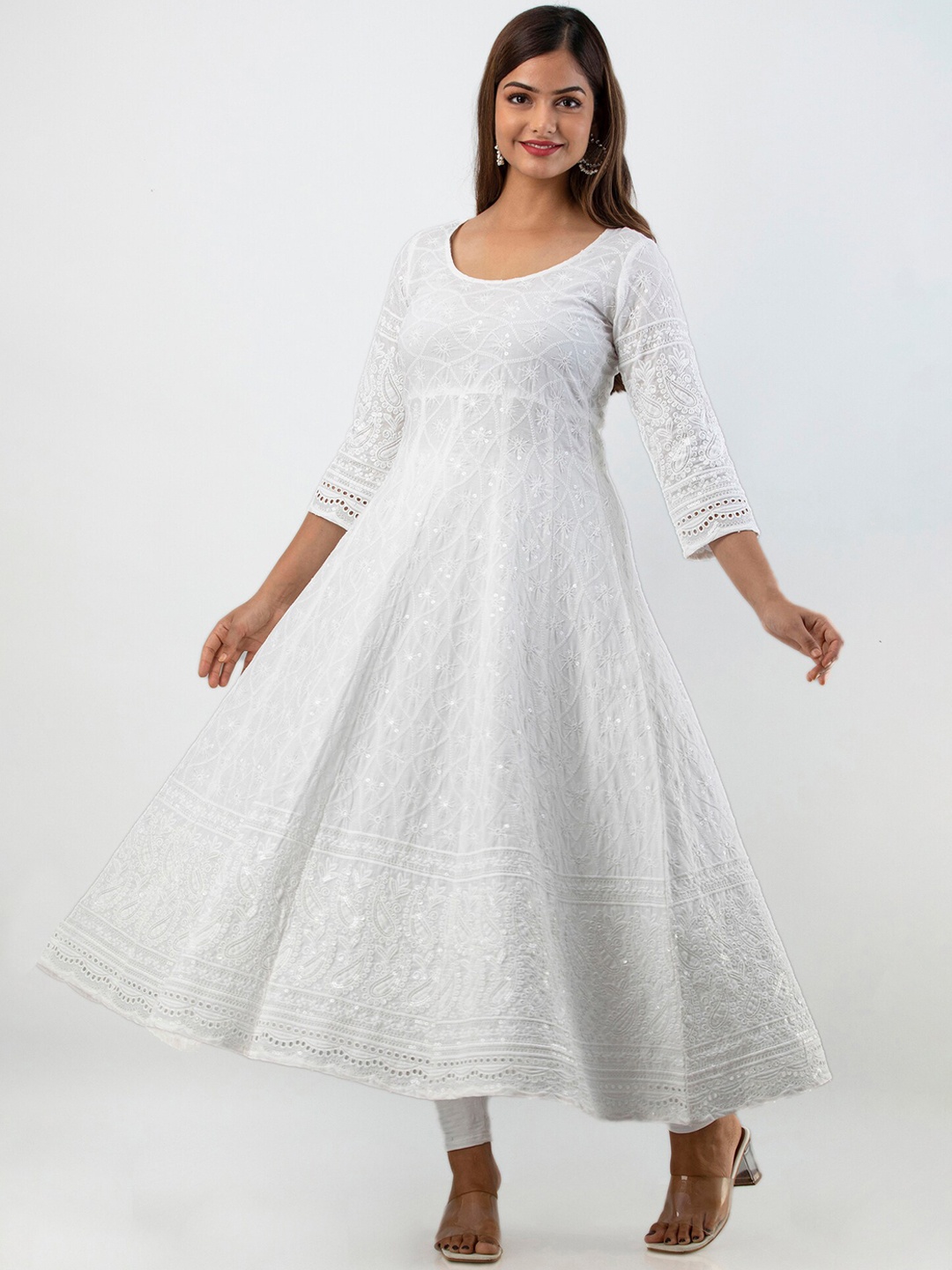 

KALINI Women Ethnic Motifs Thread Work Floral Anarkali Kurta, White