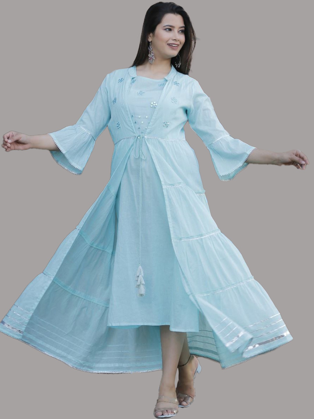 

KALINI Women Blue Flared Sleeves Thread Work Floral Kurta