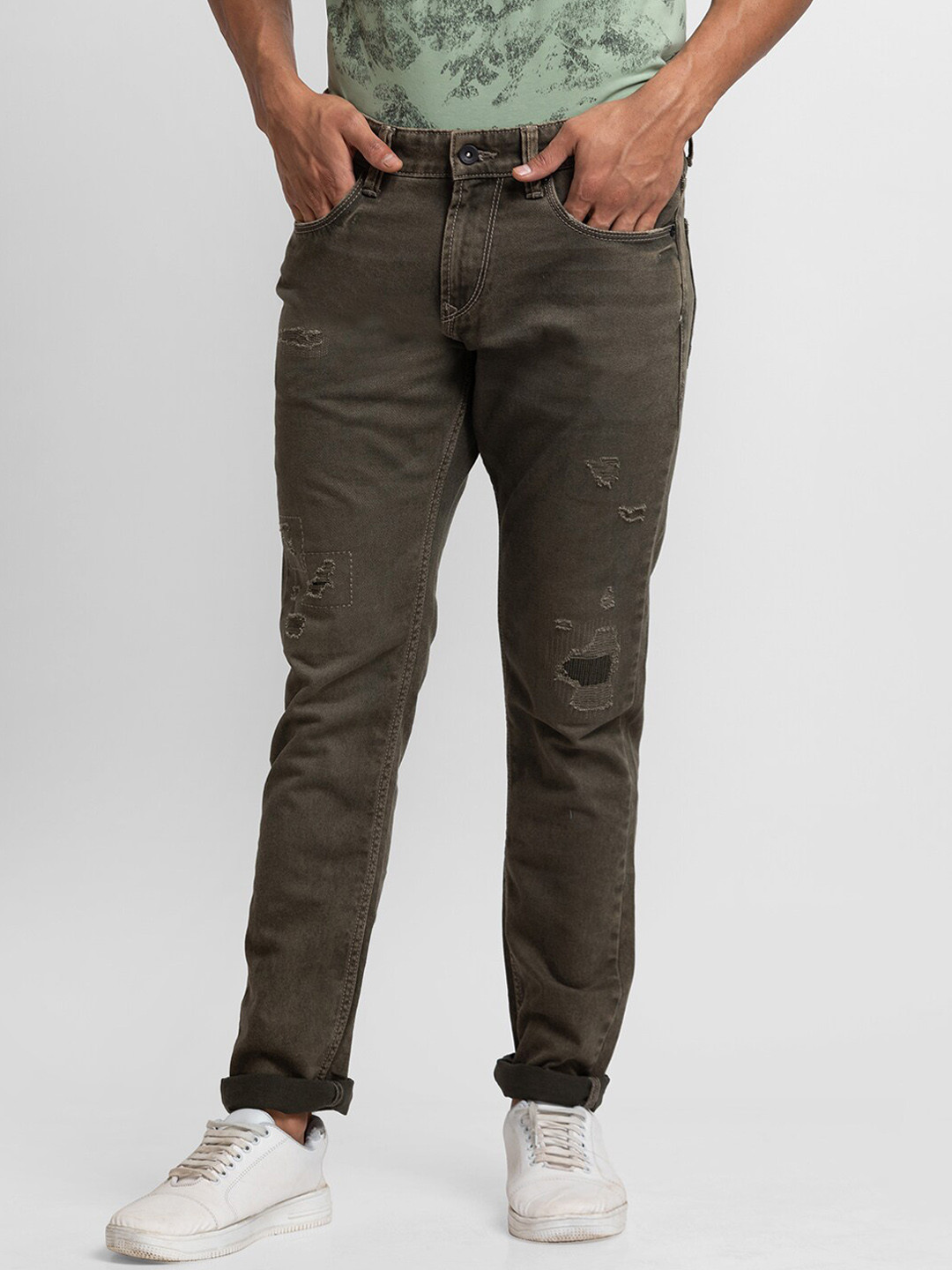 

SPYKAR Men Green Slim Fit Low-Rise Mildly Distressed Jeans