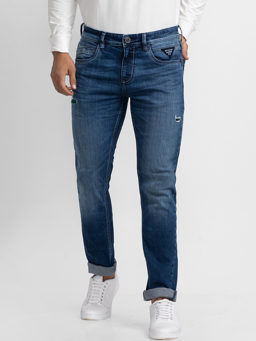 

SPYKAR Men Blue Slim Fit Low-Rise Low Distress Heavy Fade Jeans