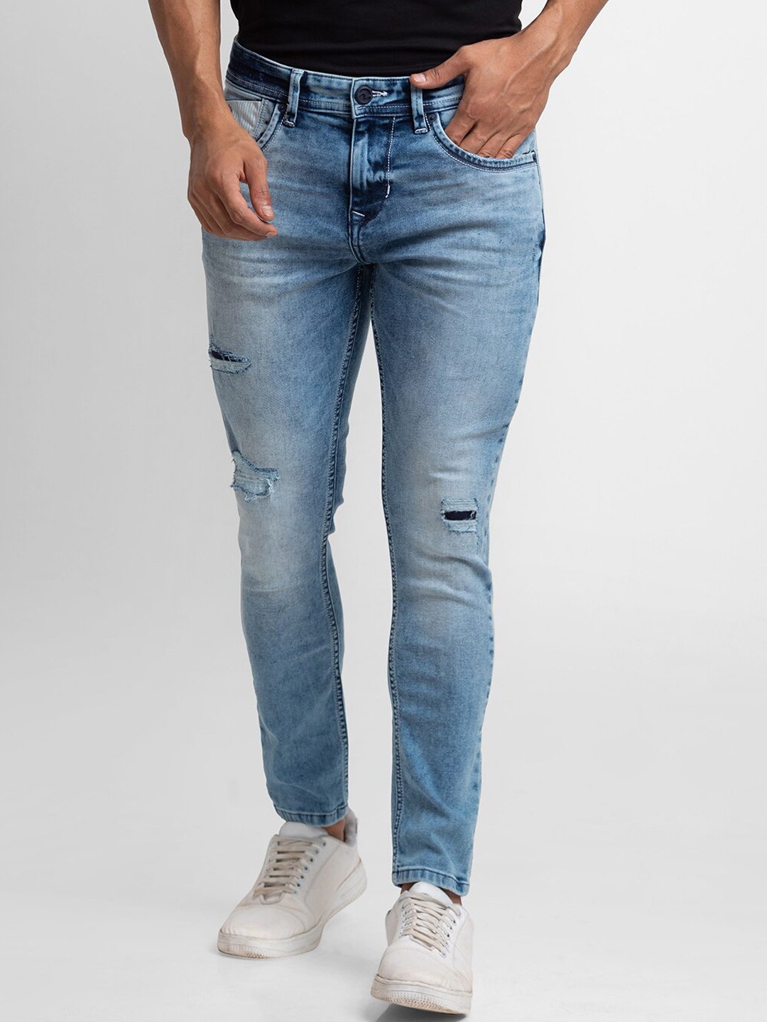 

SPYKAR Men Blue Tapered Fit Mildly Distressed Heavy Fade Jeans