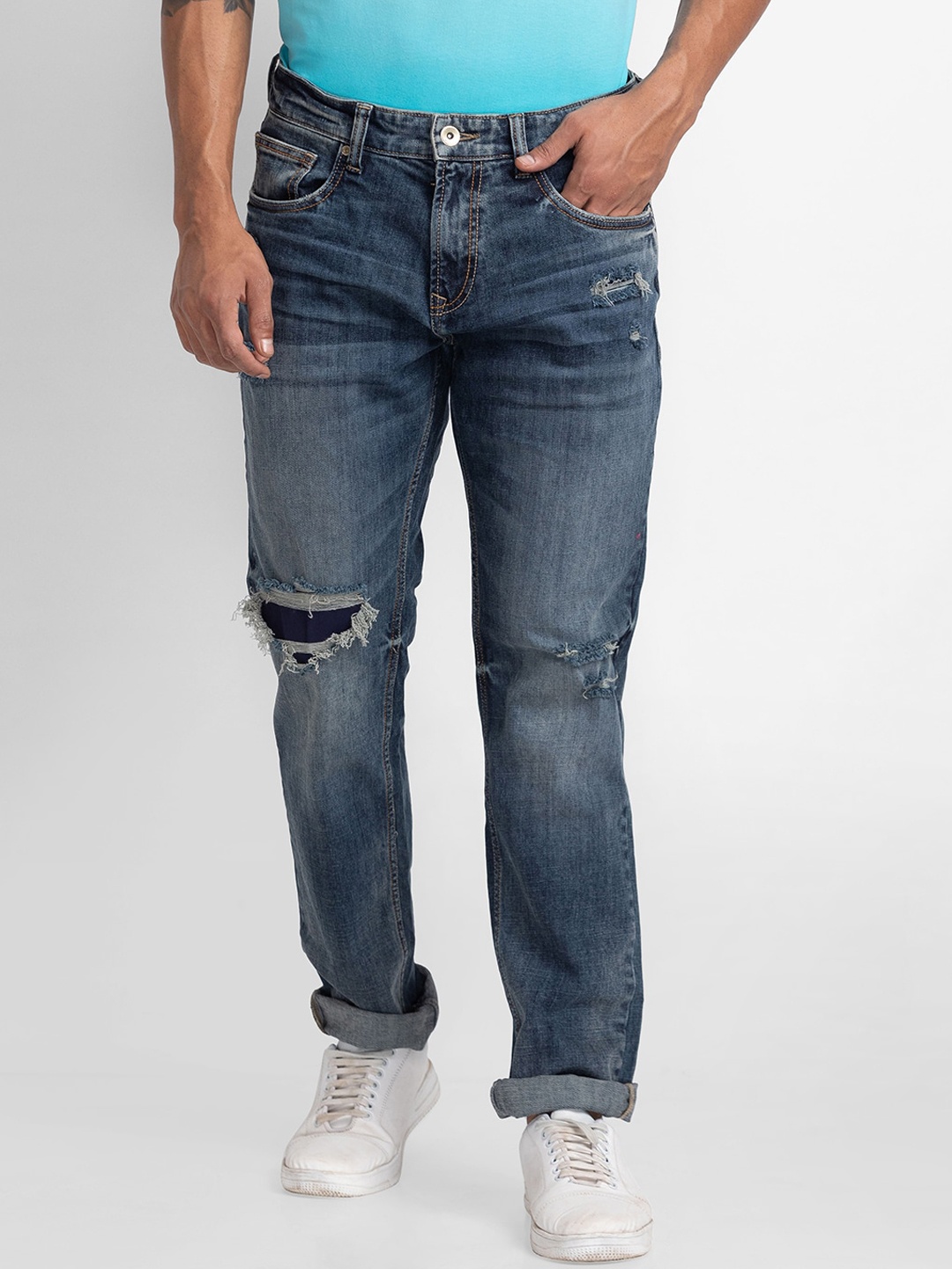 

SPYKAR Men Blue Slash Knee Heavy Fade Jeans