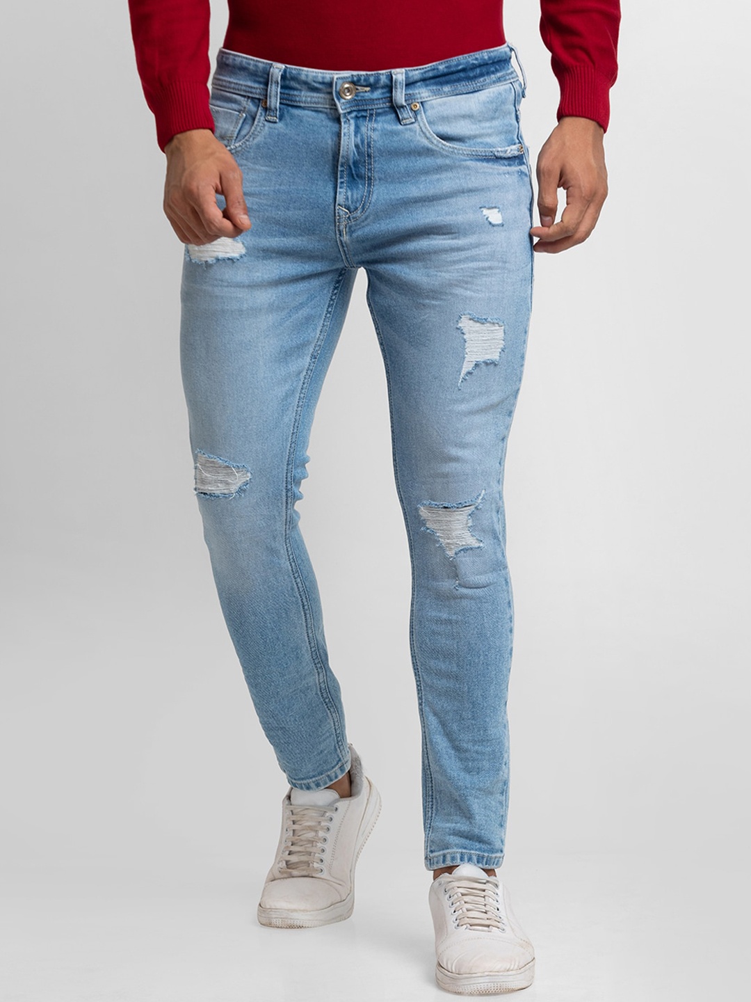 

SPYKAR Men Blue Tapered Fit Mildly Distressed Light Fade Jeans