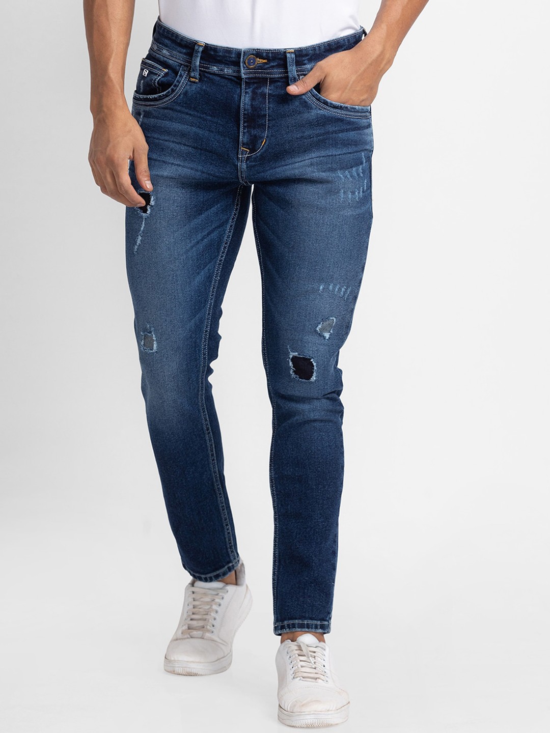 

SPYKAR Men Blue Tapered Fit Low Distress Heavy Fade Jeans