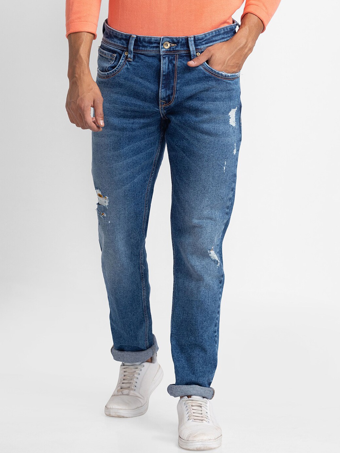 

SPYKAR Men Blue Relaxed Fit Low-Rise Mildly Distressed Light Fade Jeans