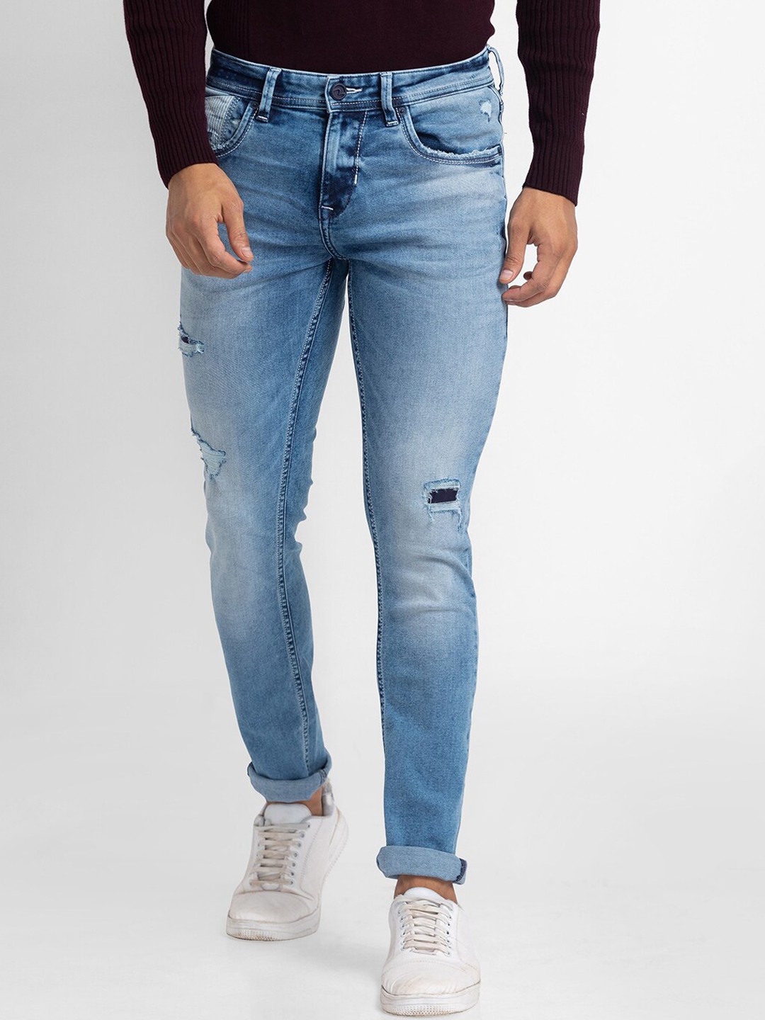 

SPYKAR Men Blue Slim Fit Low-Rise Mildly Distressed Heavy Fade Jeans