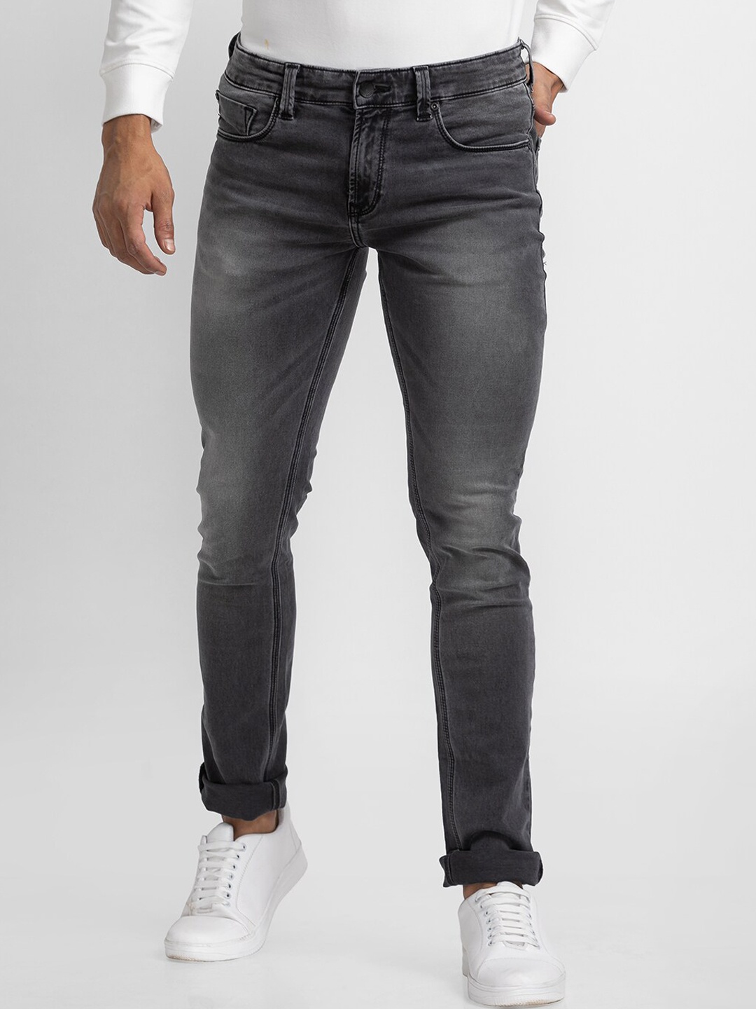 

SPYKAR Men Grey Slim Fit Low-Rise Slash Knee Heavy Fade Jeans