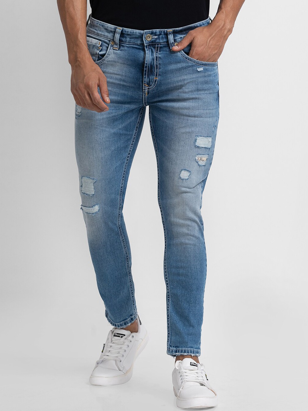 

SPYKAR Men Blue Tapered Fit Mildly Distressed Heavy Fade Jeans