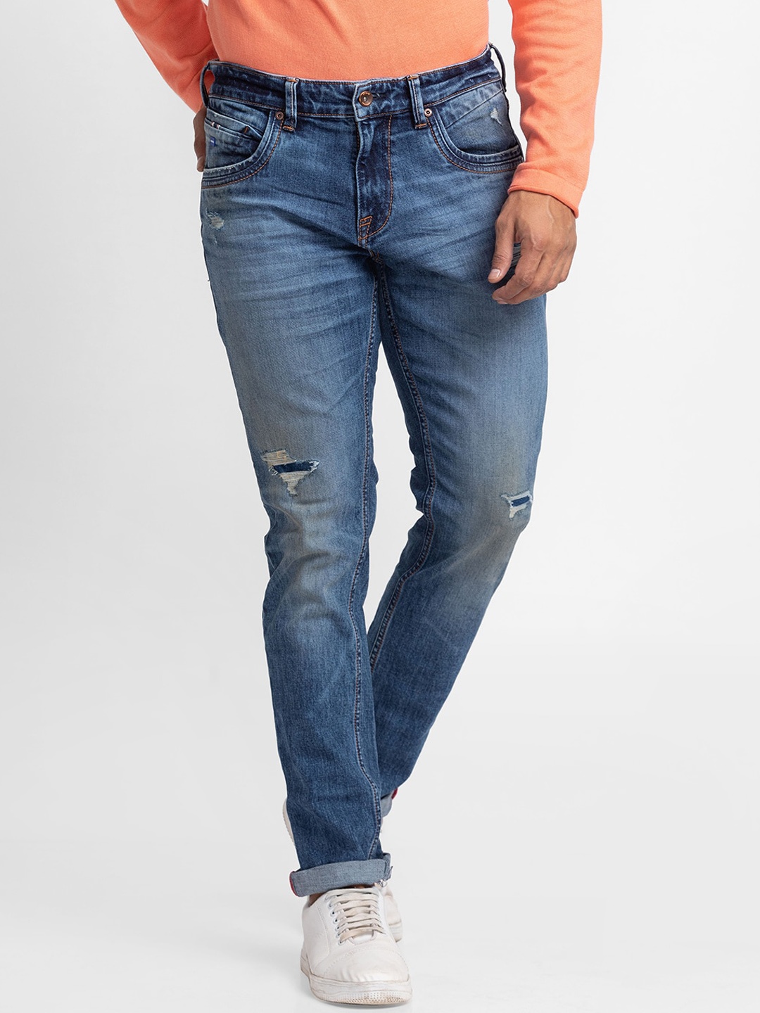 

SPYKAR Men Blue Slim Fit Low-Rise Mildly Distressed Light Fade Jeans