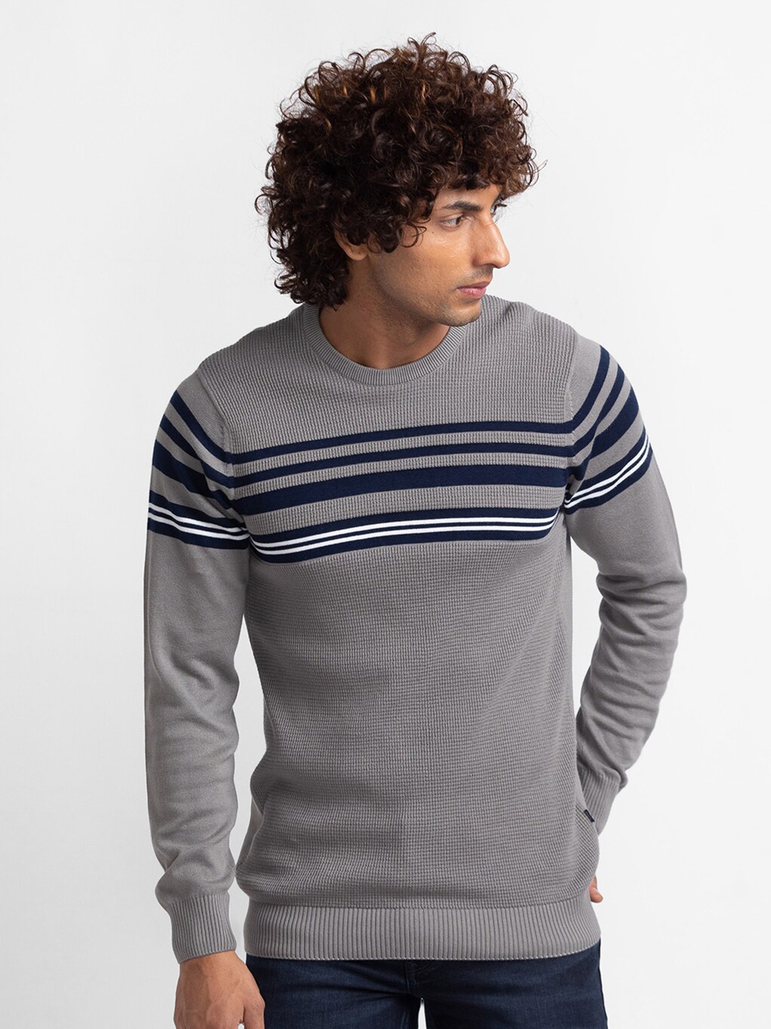 

SPYKAR Men Grey & White Striped Pullover