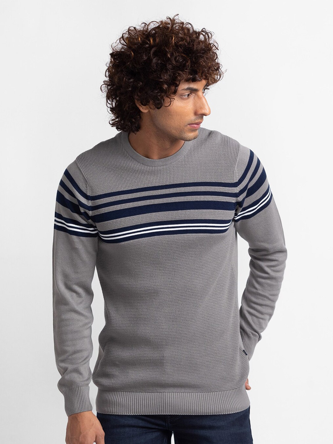 

SPYKAR Men White & Blue Striped Pullover