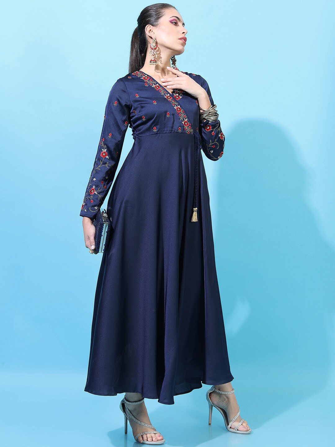 

Vishudh Navy Blue Satin Maxi Dress