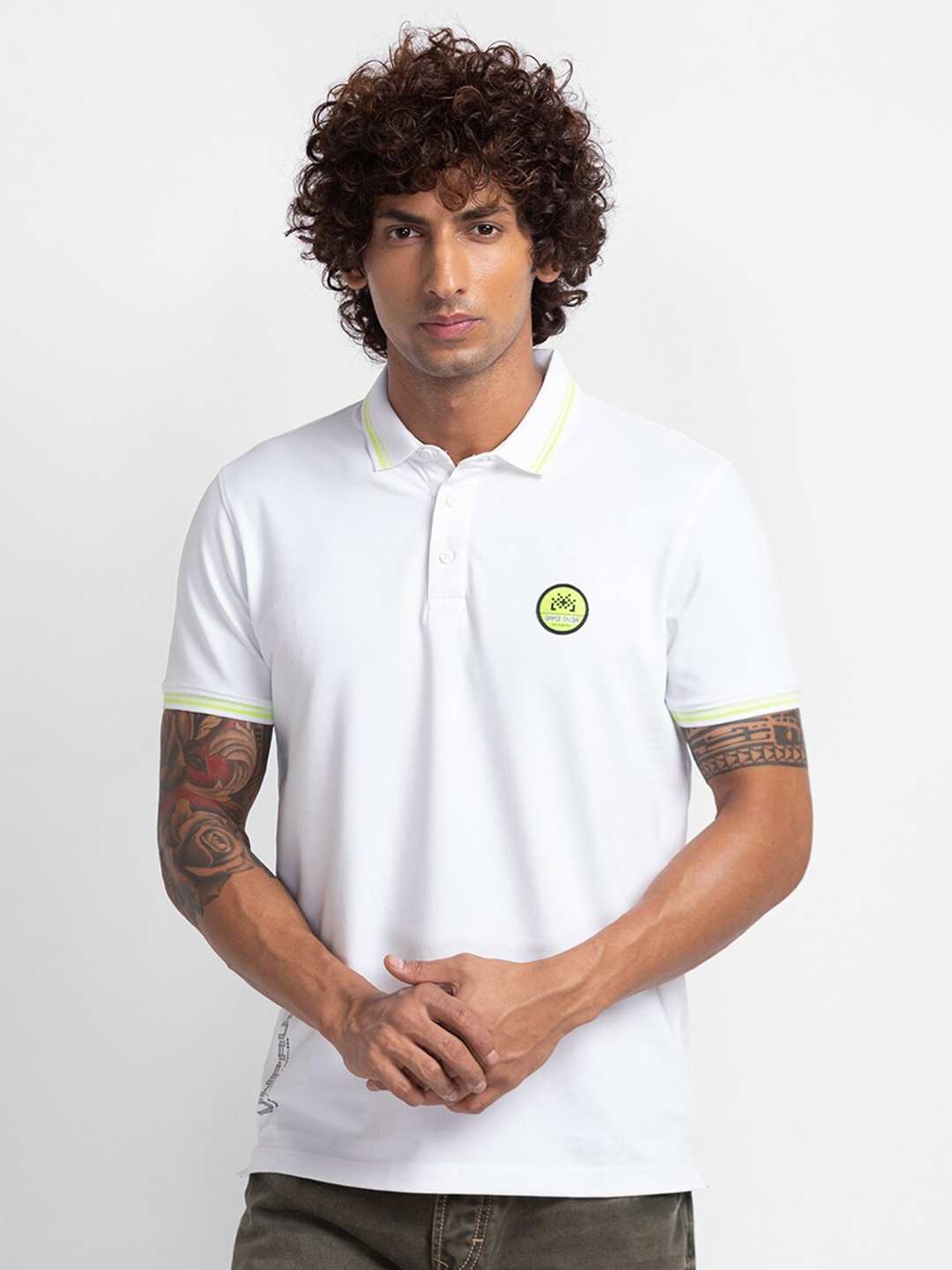 

SPYKAR Men White Polo Collar Applique Slim Fit T-shirt