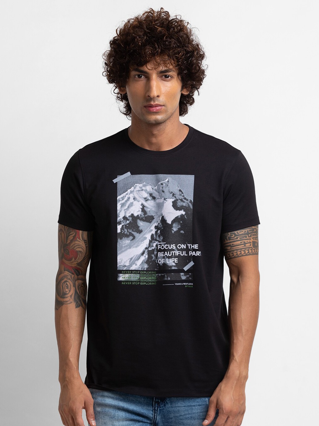 

SPYKAR Men Black Biker Printed Raw Edge Slim Fit T-shirt