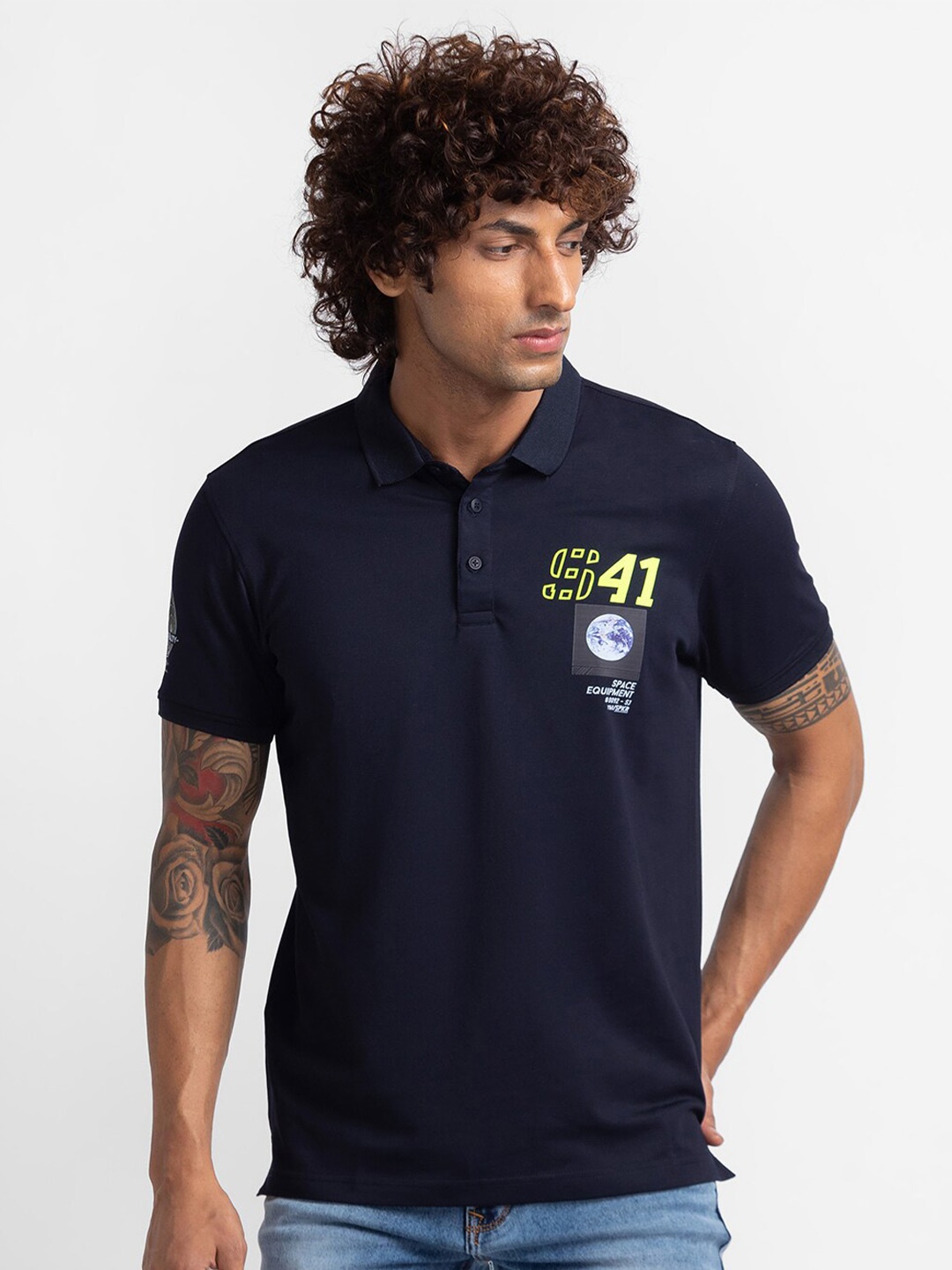 

SPYKAR Men Blue Printed Polo Collar Applique Slim Fit T-shirt