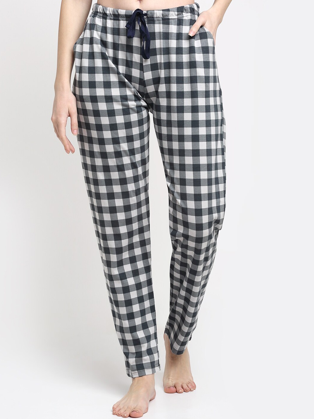 

Kanvin Women Black & White Checked Pure Cotton Lounge Pants
