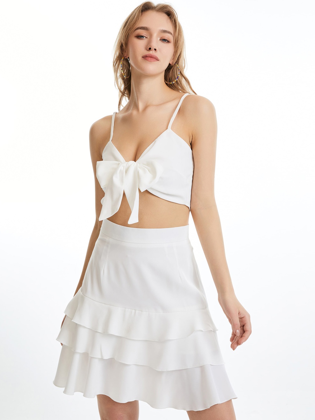 

URBANIC Women White Solid Ruffled Skirt & Top Co-ords