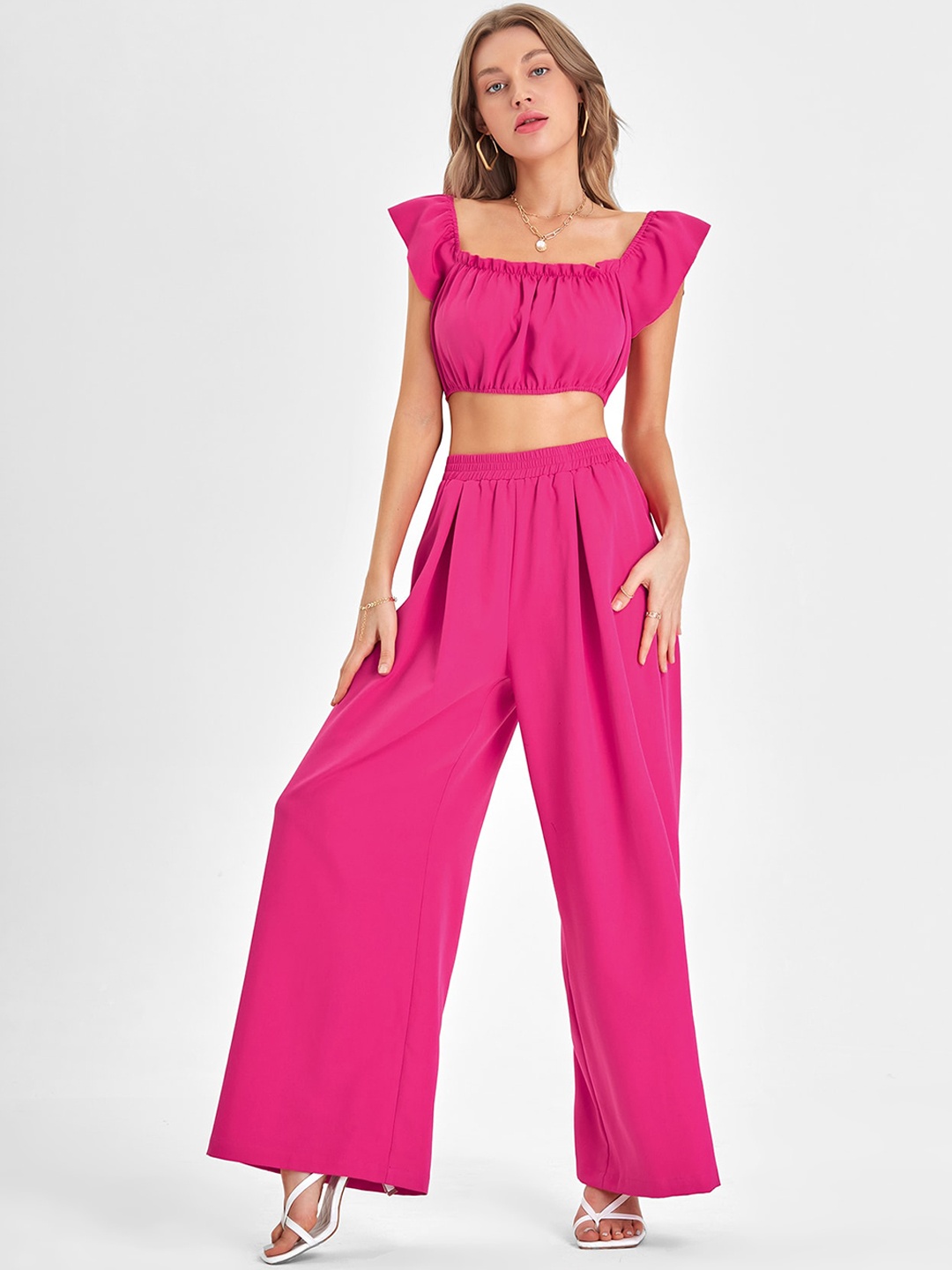 

URBANIC Women Pink Solid Ruffled Co-Ords