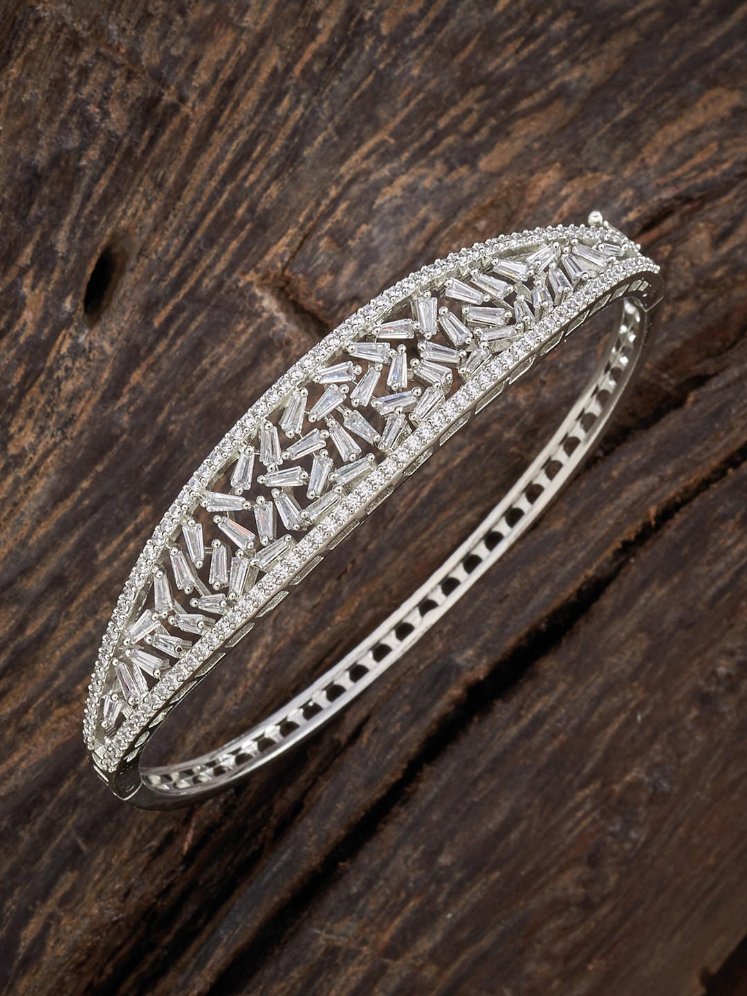 

Kushal's Fashion Jewellery Women Silver-Toned & White Cubic Zirconia Rhodium-Plated Kada Bracelet