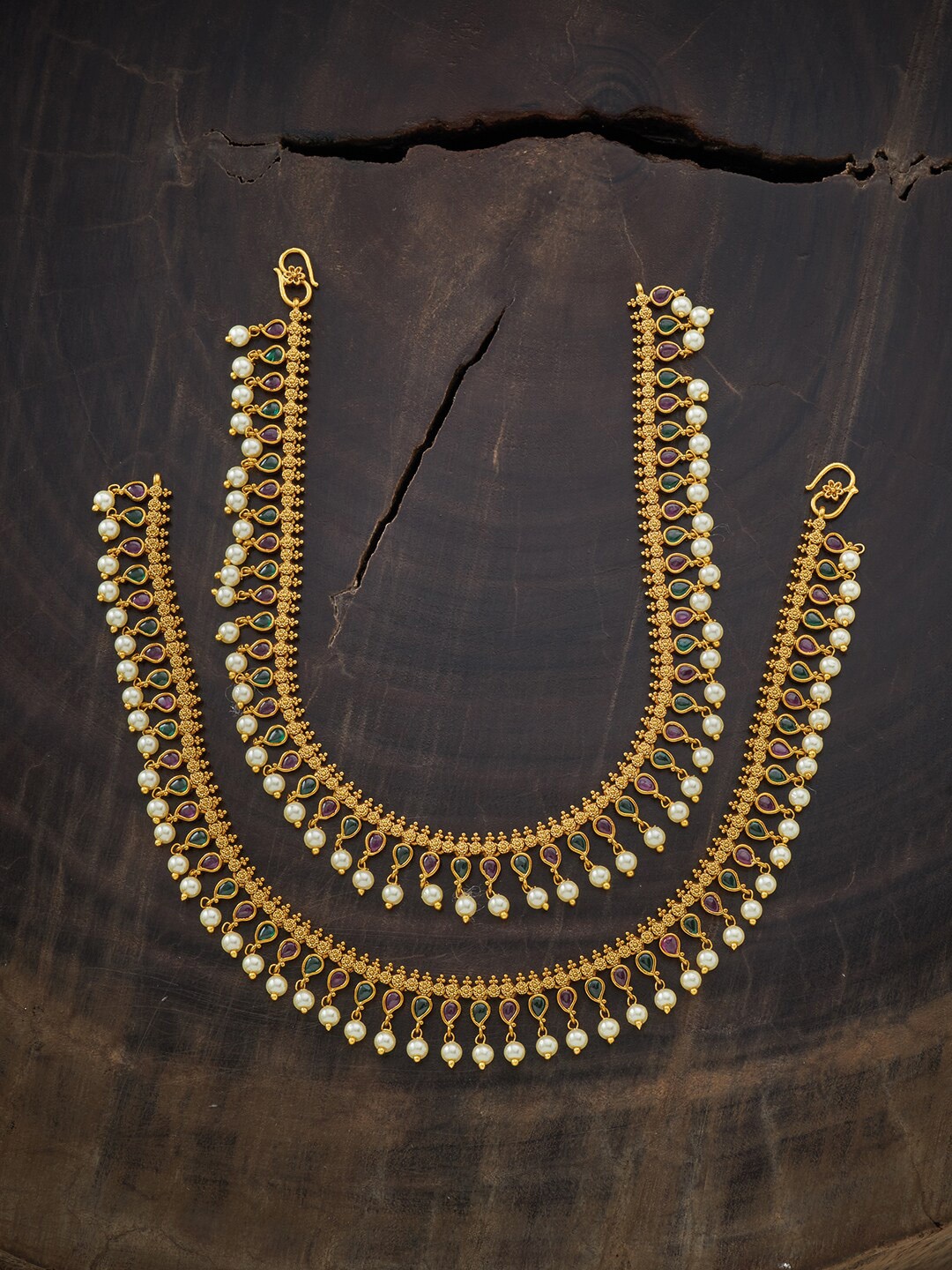 

Kushal's Fashion Jewellery Set of 2 Gold-Plated Red Stone Studded Anklet