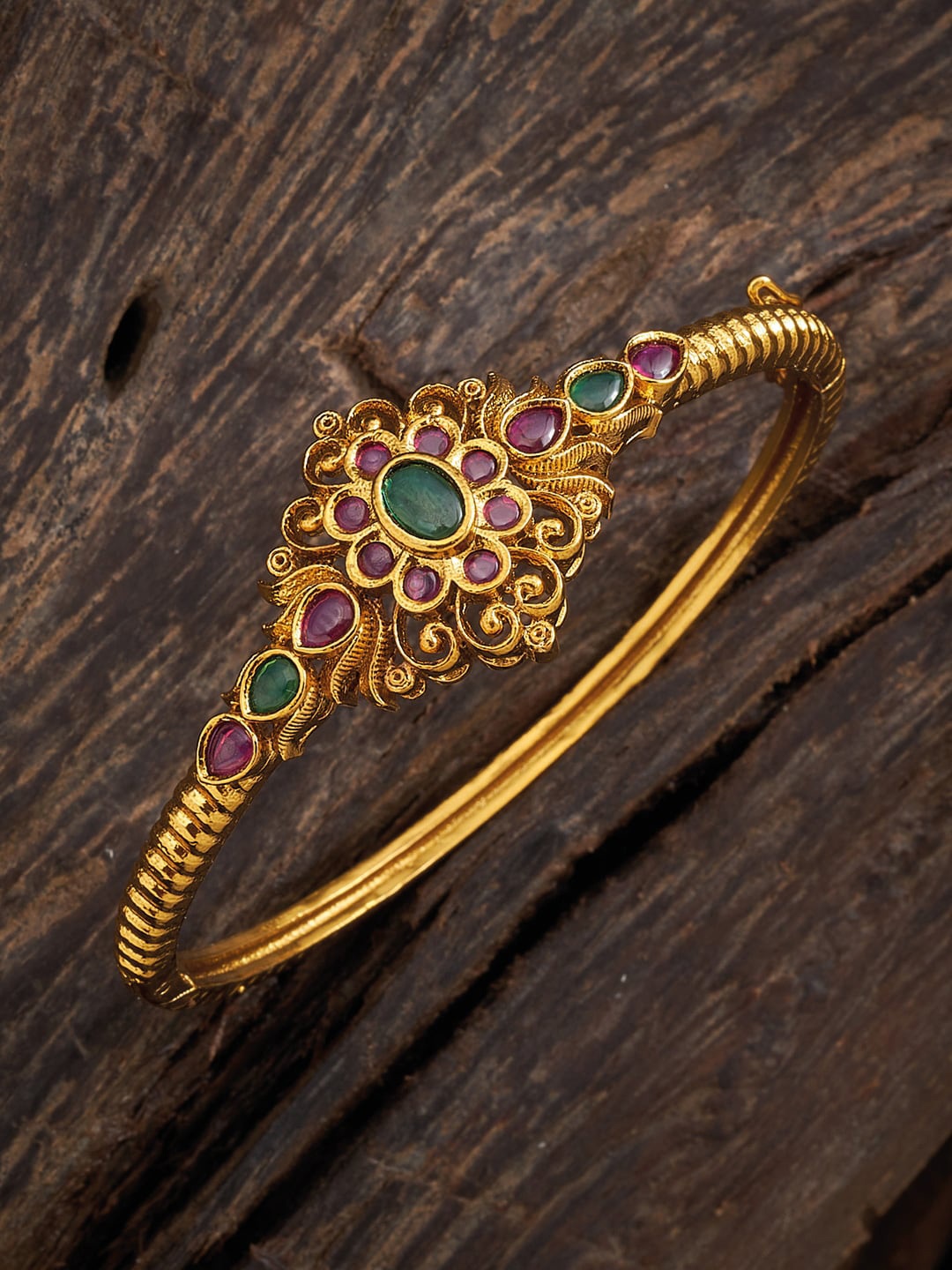 

Kushal's Fashion Jewellery Women Gold-Plated Red & Green Antique Kada Bracelet