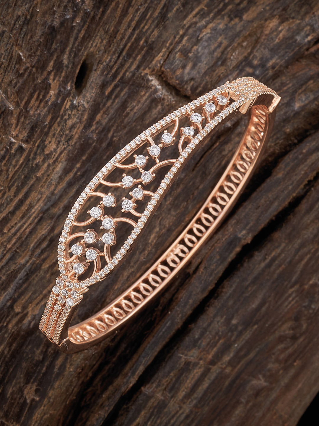 

Kushal's Fashion Jewellery Women Rose Gold & White Cubic Zirconia Rose Gold-Plated Kada Bracelet