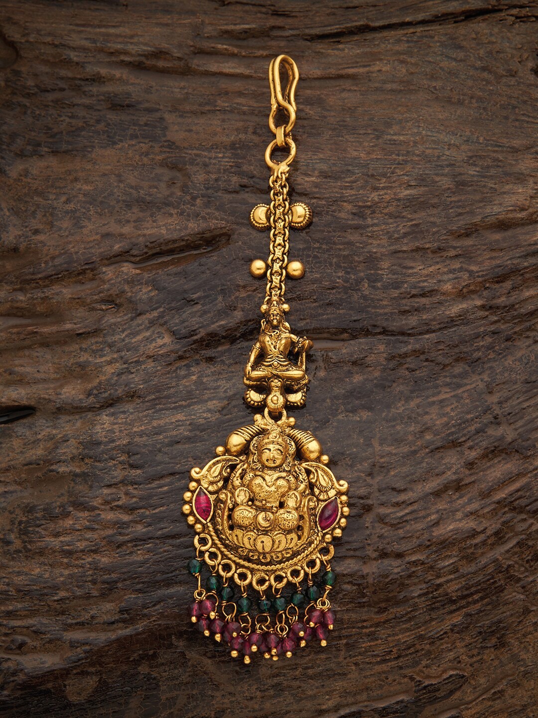 

Kushals Fashion Jewellery 92.5 Silver Gold-Toned Red Stone & Beaded Temple Maang Tikka